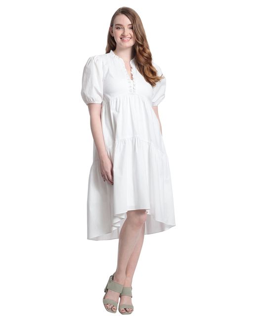 Maggy London White London Times Womens Short Sleeve Ruffle V-neck Tiered Hi-low Tent Dress