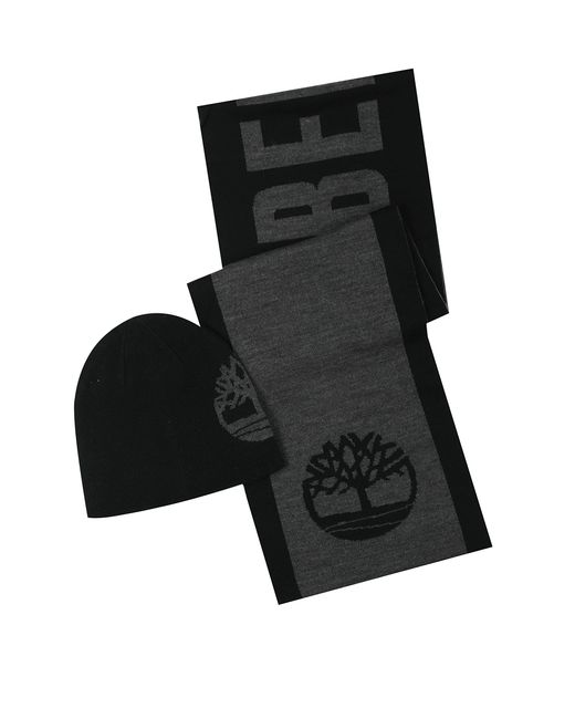 Timberland Black Reversible Hat Logo Jacquard Scarf Set for men
