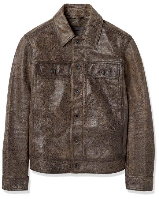 John Varvatos Brown Saul Leather Trucker Jacket for men
