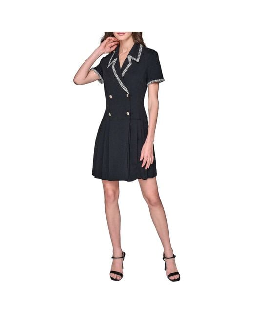 Karl Lagerfeld Black Paris Jacquard Trim Pleated Skirt Short Sleeve Coat