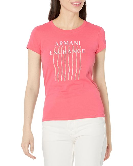 Emporio Armani Pink A | X Armani Exchange Crew Neck Slim Fit Falling Sequin Script Logo T-shirt