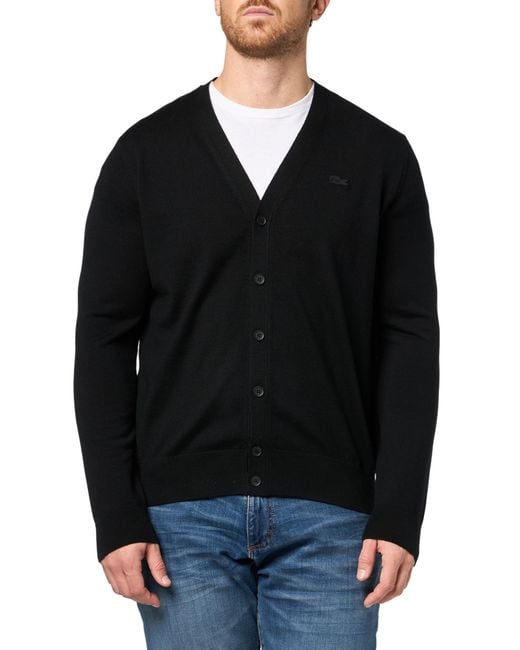 Lacoste Men's Black Core Regular Fit V-neck Cardigan Sweater