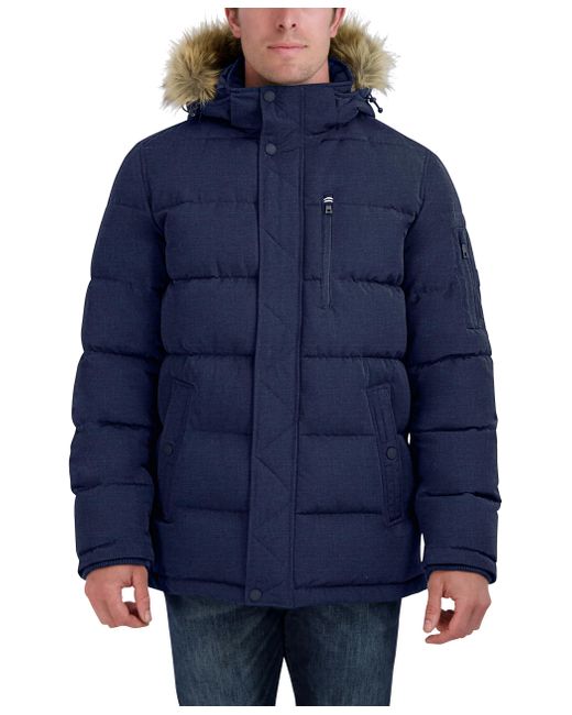 Nautica Faux Fur Trim Puffer Jacket With Removable Hood in Blue