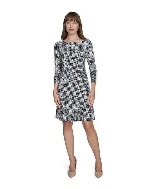 Tommy Hilfiger Gray Pleated Hem Round Neck Printed Jersey Shift Dress
