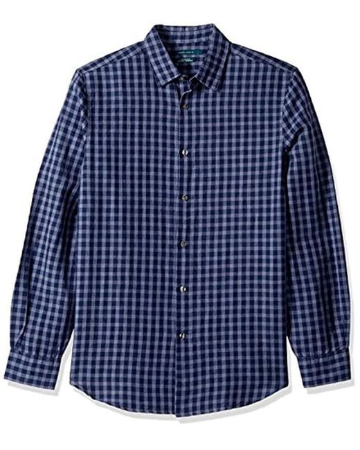 Perry Ellis Blue Gingham Plaid Linen Cotton Shirt for men