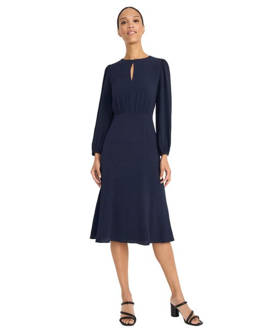 Maggy London Blue Long Keyhole Neck A-line Midi Bishop Sleeves-fitted Waist-wedding Guest Dress