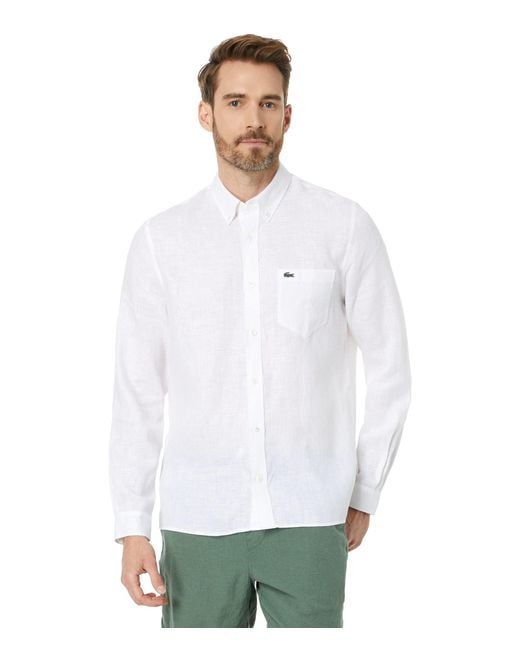 Lacoste White Long Sleeve Regular Fit Linen Button-down With Front Pocket for men