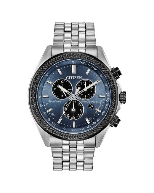 Citizen Metallic Eco-drive Classic Chronograph Silver Stainless Steel Watch With Perpetual Calendar,blue Dial for men