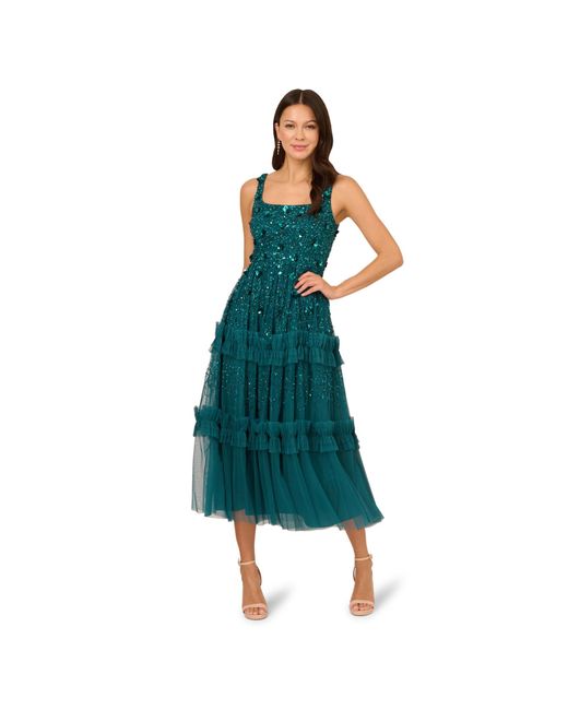 Adrianna Papell Women's Green Sleeveless Floral Beaded Ruffle Midi Dress