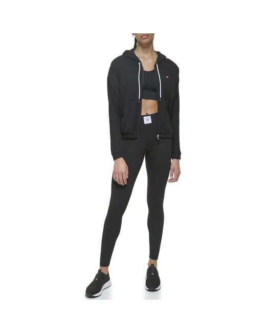 Tommy Hilfiger Black Drawcord Cropped Waffle Fabric Hoodie