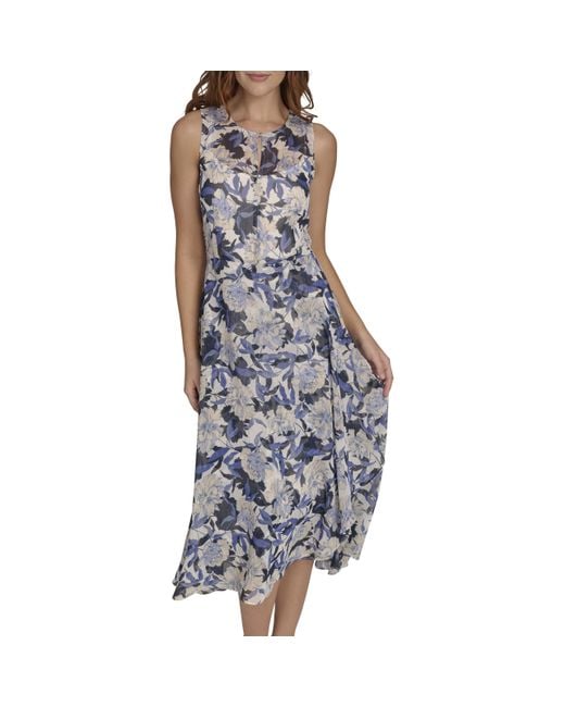 Tommy Hilfiger Blue Printed Sleeveless Keyhole Neck Maxi Dress