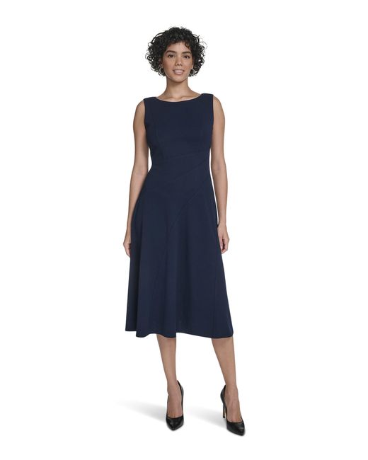 Calvin Klein Women's Blue Sleeveless Round Neck Scuba Crepe Seaming Midi  Dress - www.jkreigsman.com