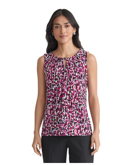 Kasper Red Plus Size Pleated Neck Printed Top