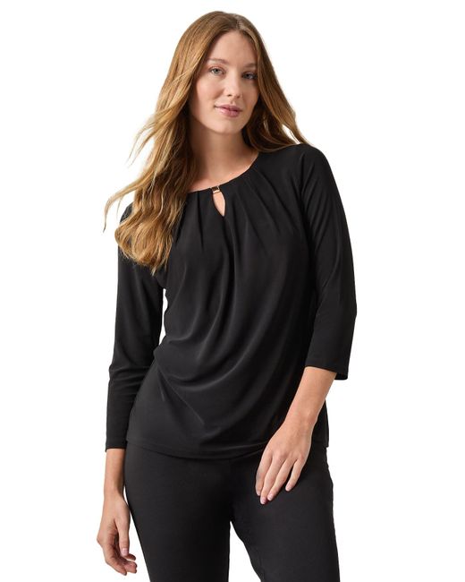 Kasper Black Solid Ity 3q Slv Pleat Nk Top W Trim