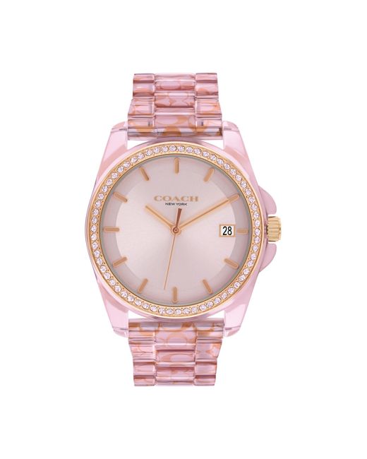 COACH Pink 3h Dial With Signature C Link Bracelet And Crystal Bezel - Water Resistant 3 Atm/30 Meters - Premium Fashion Timepiece For