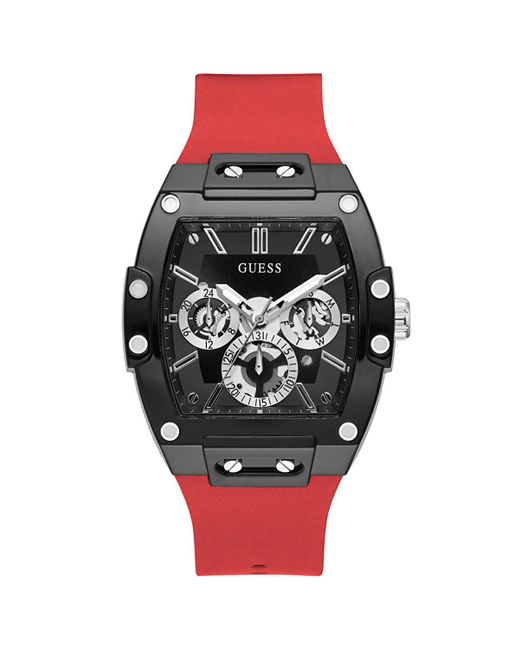Guess S Casual Multifunction 43mm Watch – Black Polycarbonate Case With Black Skeleton Dial & Red Silicone for men