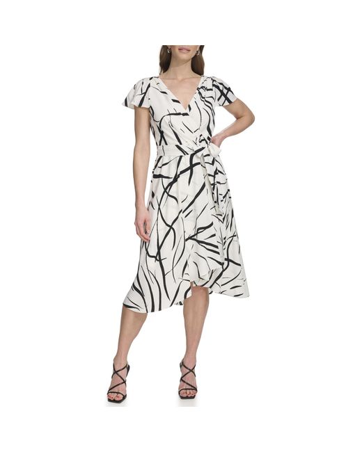 DKNY White Flutter Sleeve Fuax Wrap Dress