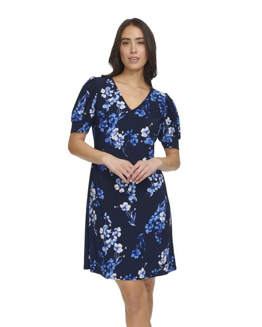 Tommy Hilfiger Blue Floral Puff Sleeve Shift Sky Captain Multi 4