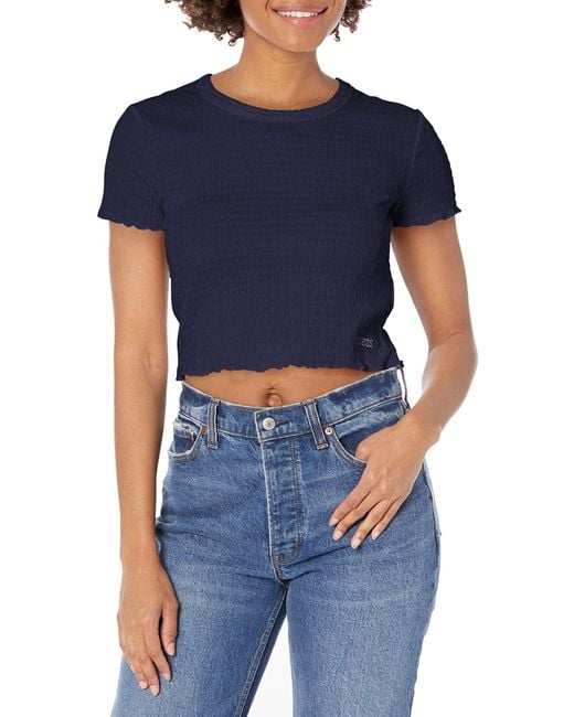 Guess Blue Short Sleeve Crew Neck Smoked Top