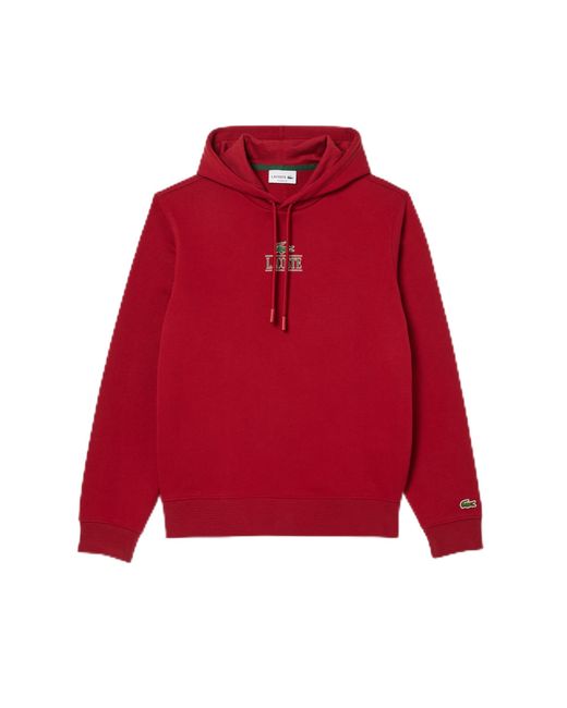 Lacoste Red Classic Fit Long Sleeve Hooded Sweatshirt W/small Croc Graphic On The Chest & Adjustable Neck for men