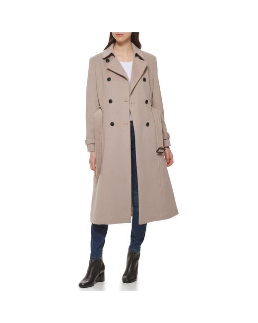 Cole Haan Natural Flared Trench Slick Wool Coat