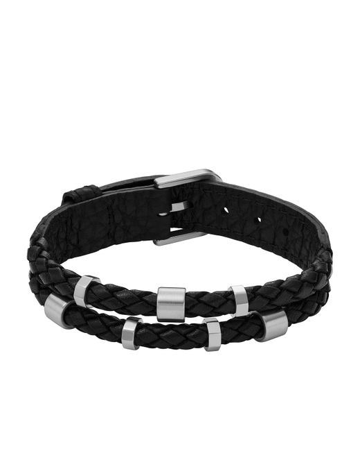 Fossil Stainless Steel & Leather Black Multi Braided Leather Bracelet for men