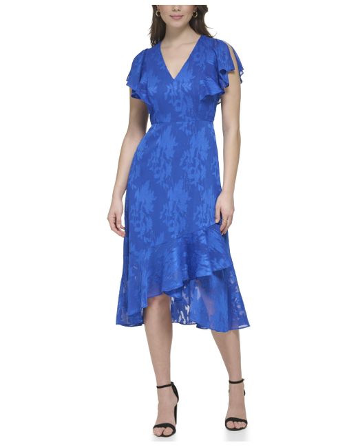 Kensie Blue Short Flutter Sleeve Faux Wrap Midi Dress