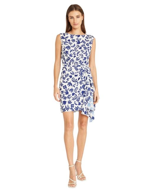 Donna Morgan Blue Sleeveless Floral Mini Wrap Cascade Detail | Summer Dresses For