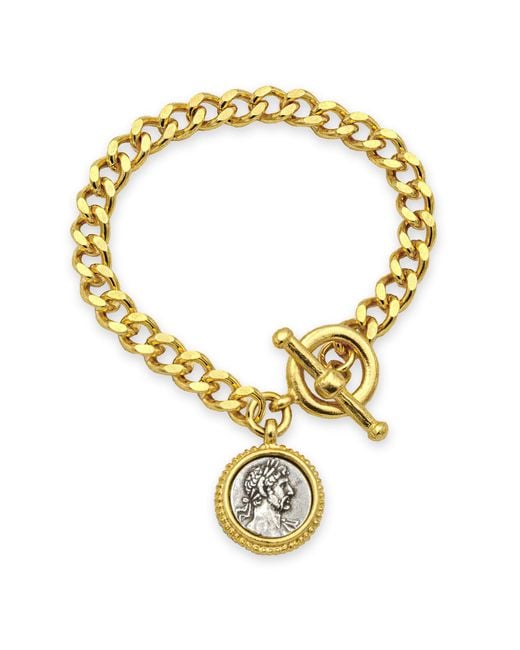 Ben-Amun Metallic 24k Gold Plated Roman Italian Coin Charm Bracelet In Antique Silver Tone Made In New York Statement Jewelry For Designer