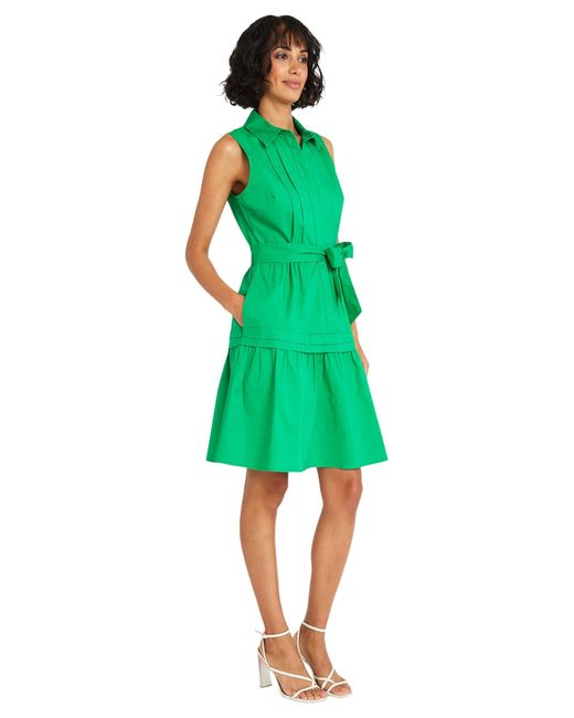 Maggy London Green Sleeveless Collared Button Front Summer Dress For With Waist Tie And Pleat Details