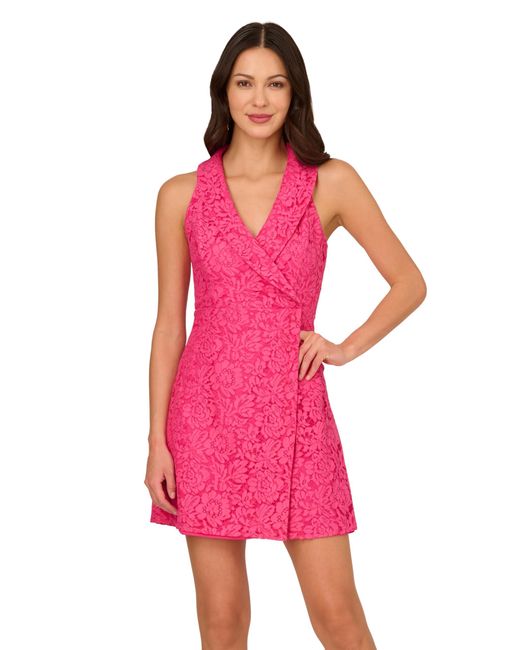 Adrianna Papell Pink Lace Tuxedo Short Dress