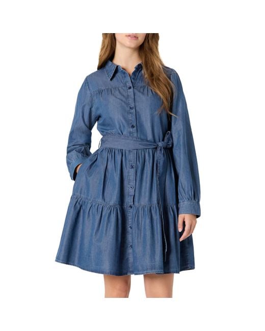 Amazon Essentials Blue Fit and Flare Langärmliges Gestreiftes Jeanshemdkleid Chambray
