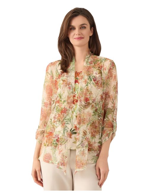 Kasper Women's Natural 3/4 Sleeve Printed Matter Jersey Open Cardigan