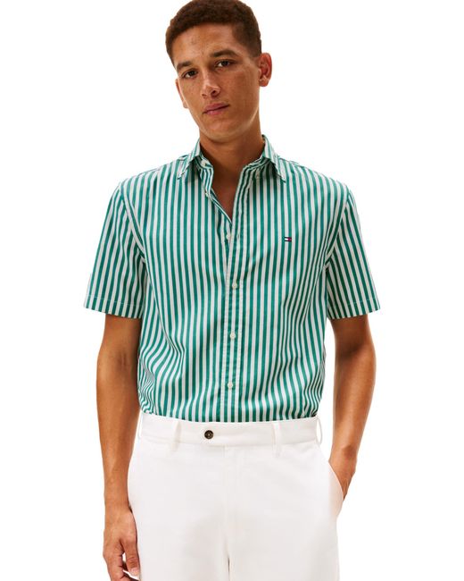 Tommy Hilfiger Green Flex Poplin Stripe Regular Short Sleeve Shirts for men