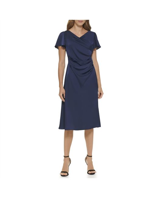 DKNY Blue Flutter Sleeve Side Ruched Dress