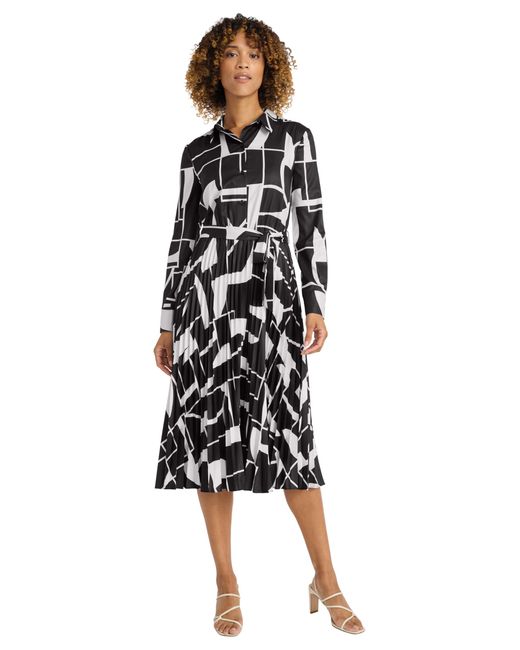 Maggy London Black Elegant Midi Shirtdress-long Sleeve Button-front Pleated Skirt Abstract Print-work Dresses For