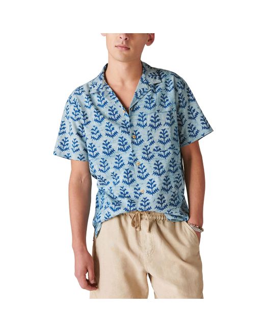 Lucky Brand Blue Printed Short Sleeve Camp Collar Shirt