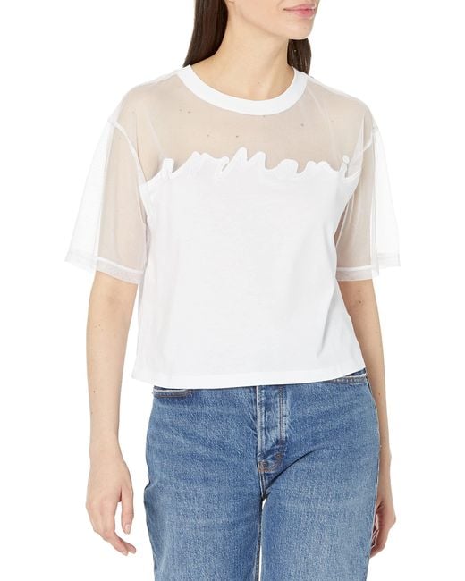 Emporio Armani White A | X Armani Exchange Cropped Fit See Through Top Cursive Logo T-shirt