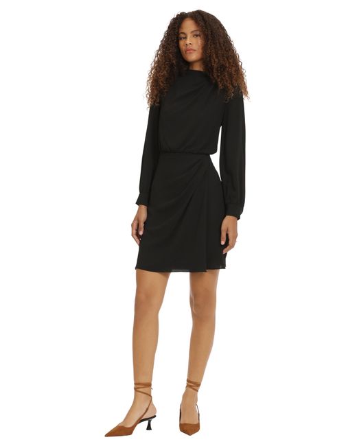 Donna Morgan Black High Asymmetric Neck Long Sleeve Mini Dress