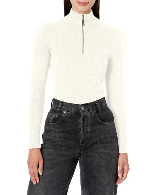 Tommy Hilfiger White 1/4 Zip Mockneck Solid Cotton Sweater