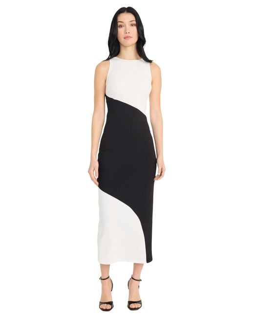 Donna Morgan Blue Modern Diagonal Design Sleeveless Fitted Midi Sheath With High Neckline-scuba Crepe Elegant Cocktail Evening Dress