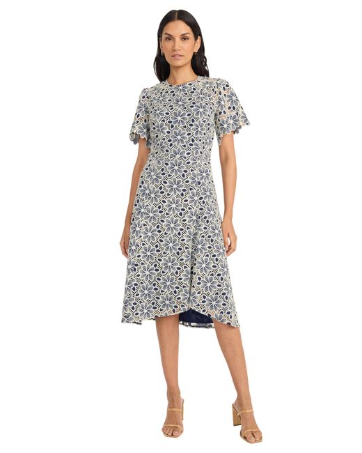 Maggy London Multicolor Blooming Trellis Lace High Low Midi Scalloped Short Sleeve A Line Wedding Guest Cocktail Dress