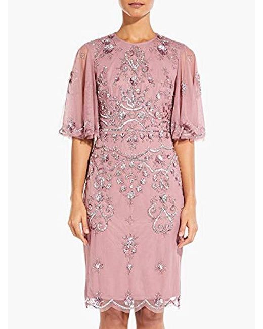Adrianna Papell Lace Floral Beaded Cocktail Dress With Sheer Flutter