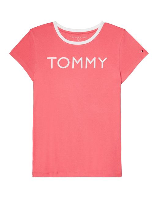 Tommy Hilfiger Cotton Adp W S/s Fave Tommy Crew Cb Ringer Button Down  Shirt, Text-print Pattern in Pink - Lyst