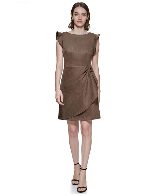 DKNY Brown Faux-suede Side-draped Sheath Dress