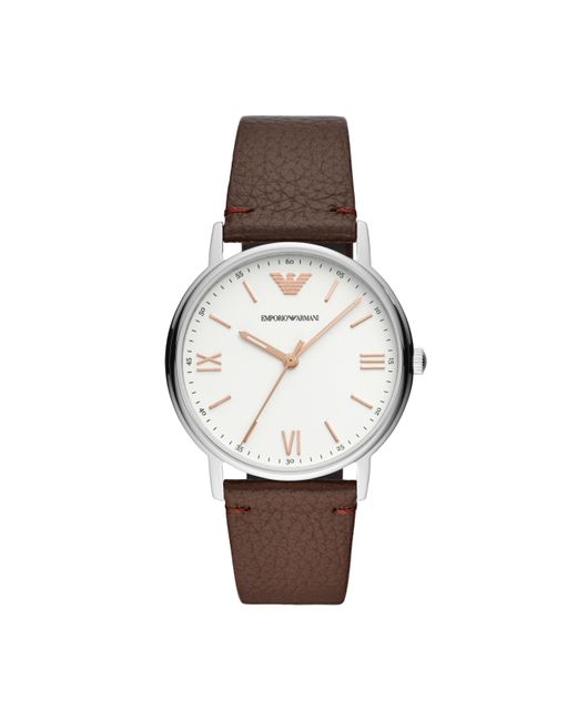 Emporio Armani White Three-hand Silver And Brown Leather Band Watch for men