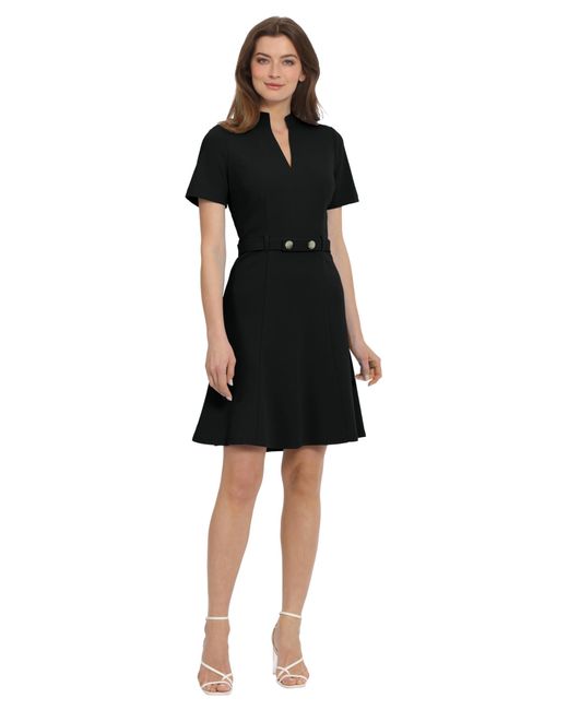 Maggy London Black Notch Mock Neck Fit And Flare Crepe Dress
