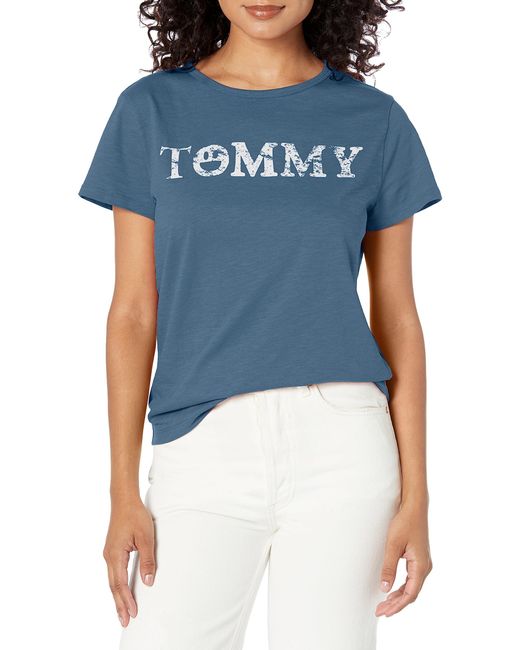 Tommy Hilfiger Blue Graphic Tee Logo Crewneck Shirt Top