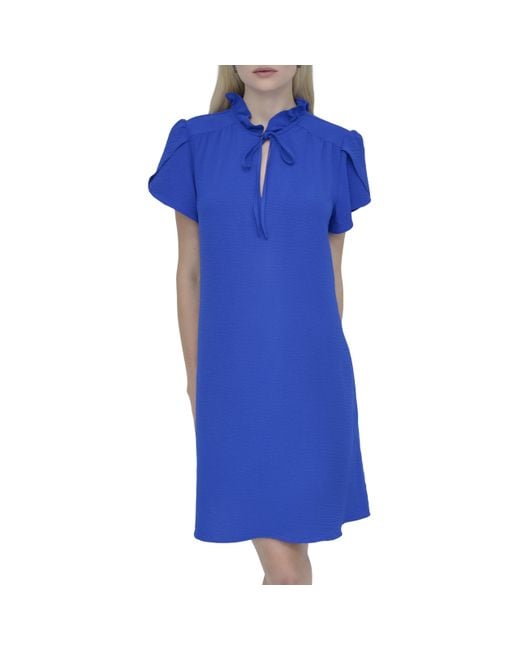 DKNY Blue Front Tie Ruffle Neckline Trapeze Dress