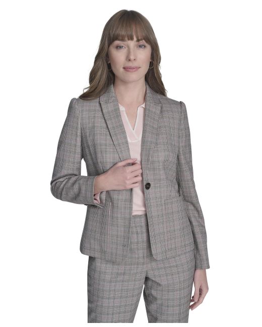 Tommy Hilfiger Women's Gray Puff Sleeve Plaid Blazer Sportswear